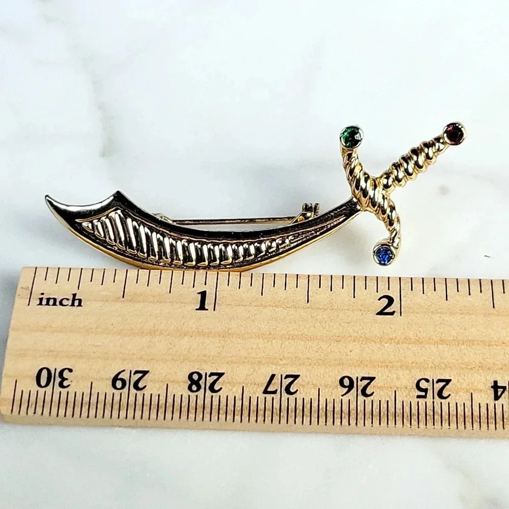 Vintage Gerry's Sword Brooch Pin Signed Rhinesone Cutlas Handle Goldtone…